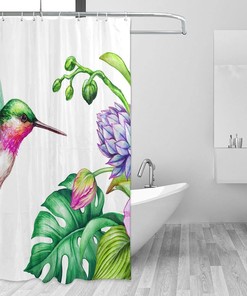 Hummingbird Printed Flowers Shower Curtain With Rust-Resistant Grommets For Your Bathroom