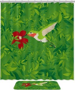 Hummingbird Red Flower Green Leaves Fabric Shower Curtain For Bathroom