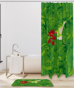 Hummingbird Red Flower Green Leaves Fabric Shower Curtain For Bathroom