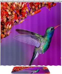 Hummingbird Red Flowers Fabric Shower Curtain Liner For Bathroom