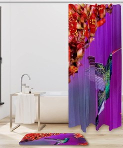Hummingbird Red Flowers Fabric Shower Curtain Liner For Bathroom