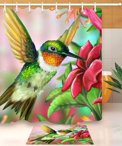 Hummingbird Red Flowers Printed Waterproof Shower Curtain For Bathroom