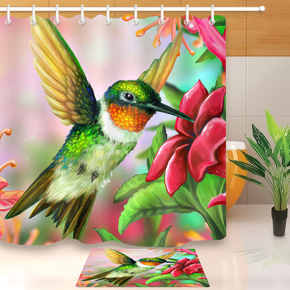 Hummingbird Red Flowers Printed Waterproof Shower Curtain For Bathroom