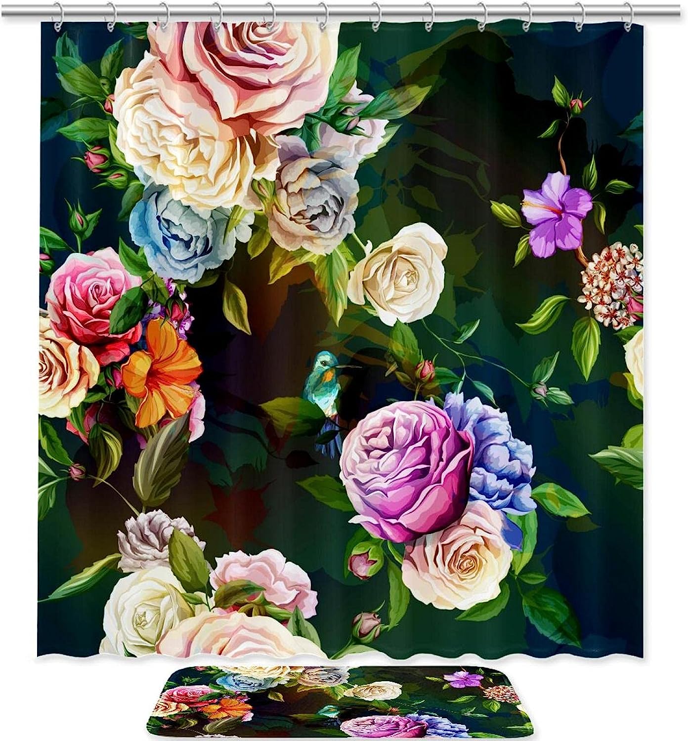 Hummingbird Rose Floral Vintage Shower Curtain Ideas Waterproof Washable
