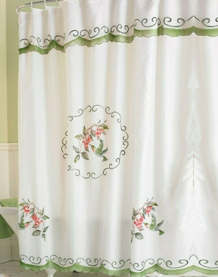 Hummingbird Shower Curtain Floral Flower Bird Fabric Bath Decor