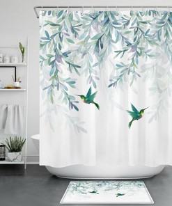 Hummingbird Watercolor Leaves Shower Curtain, Spring Bathroom Decoration