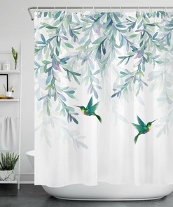Hummingbird Watercolor Leaves Shower Curtain, Spring Bathroom Decoration