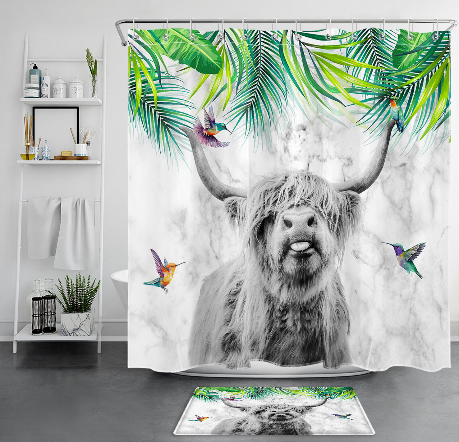Hummingbird and Cow Shower Curtain - Rustic Bathroom Accessory