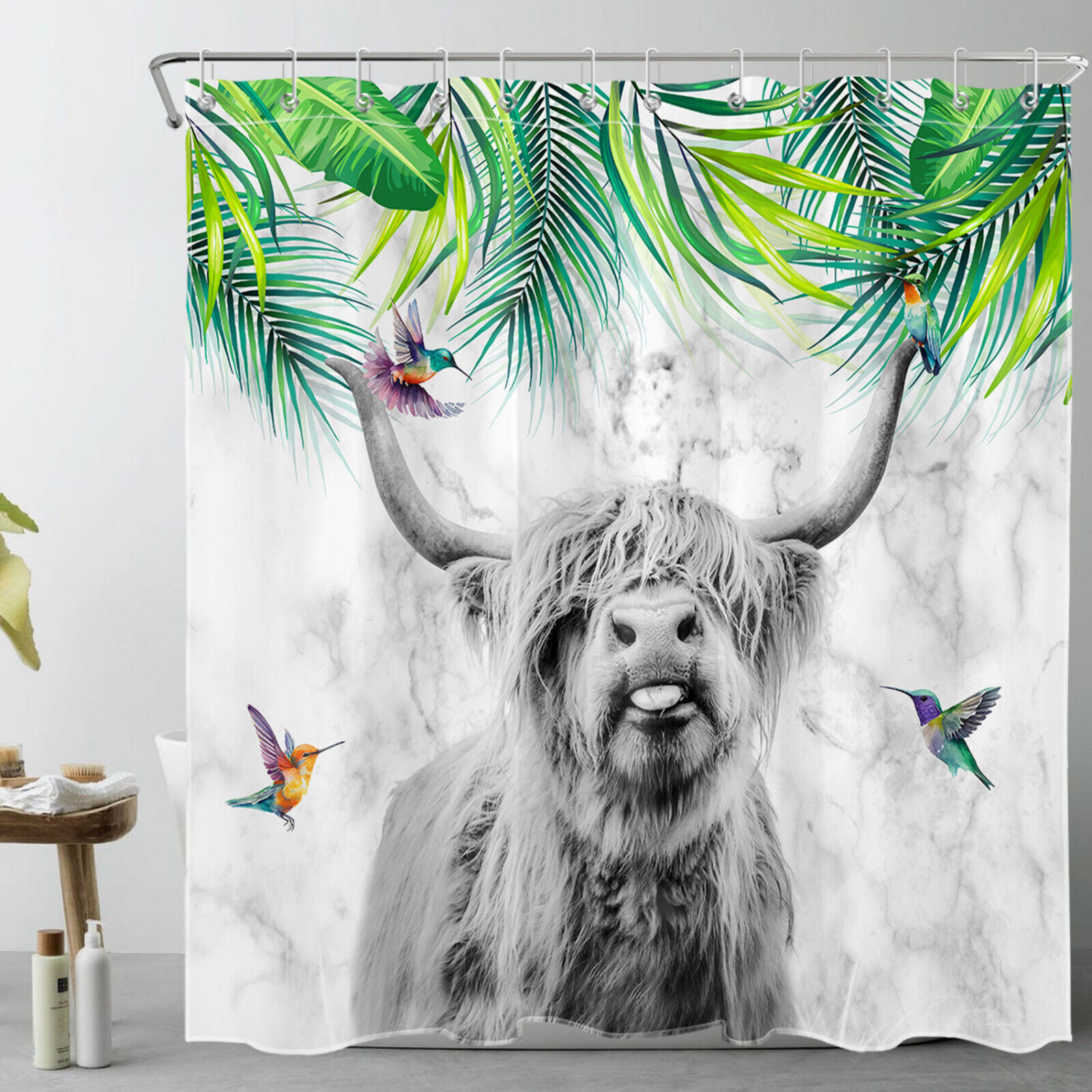 Hummingbird and Cow Shower Curtain - Rustic Bathroom Accessory