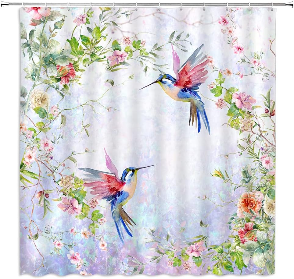Hummingbird and Flower Shower Curtain for Botanic Bathroom Decor