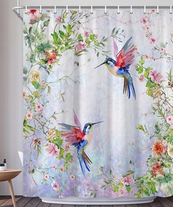 Hummingbird and Flower Shower Curtain for Botanic Bathroom Decor