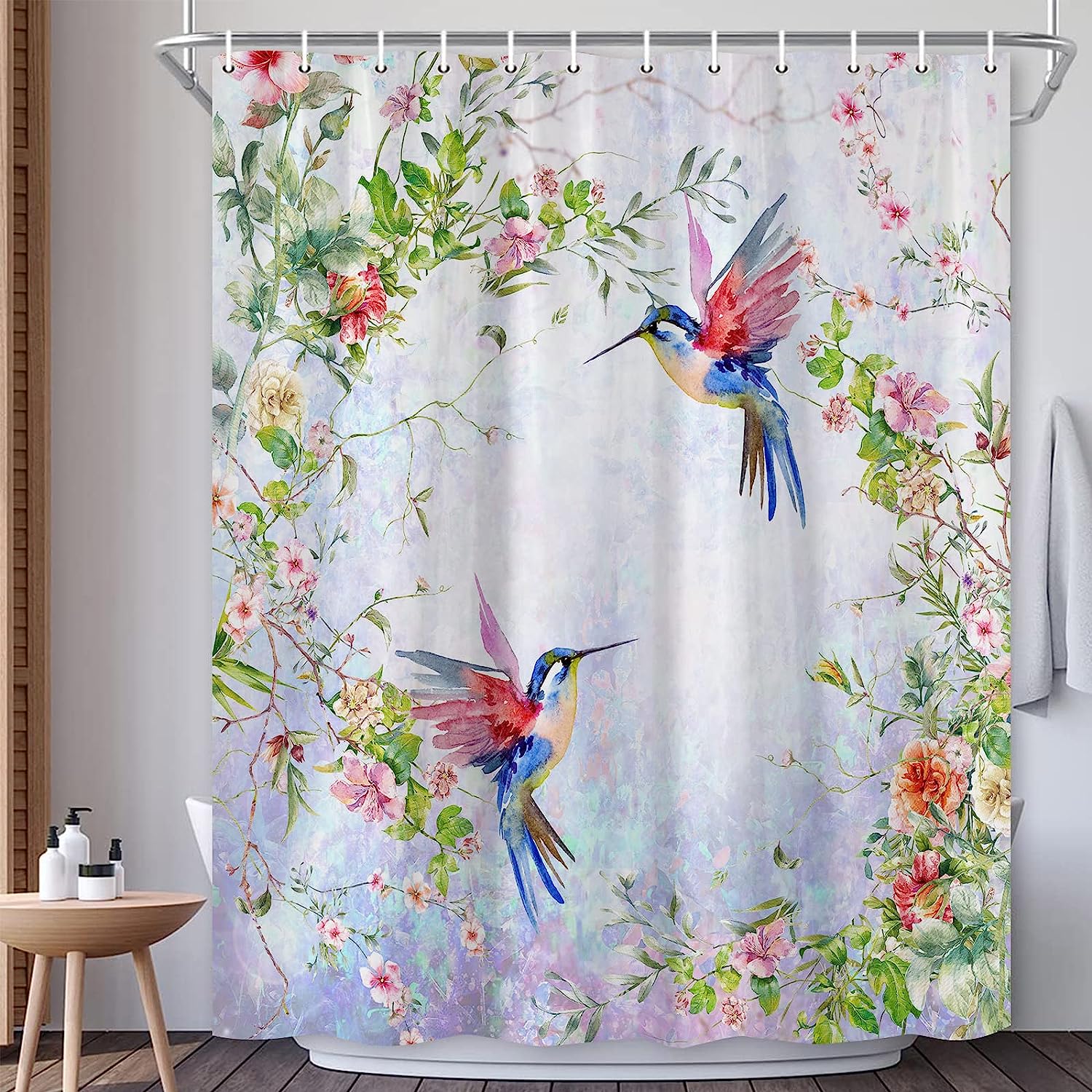 Hummingbird and Flower Shower Curtain for Botanic Bathroom Decor