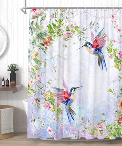 Hummingbird and Flower Shower Curtain for Botanic Bathroom Decor