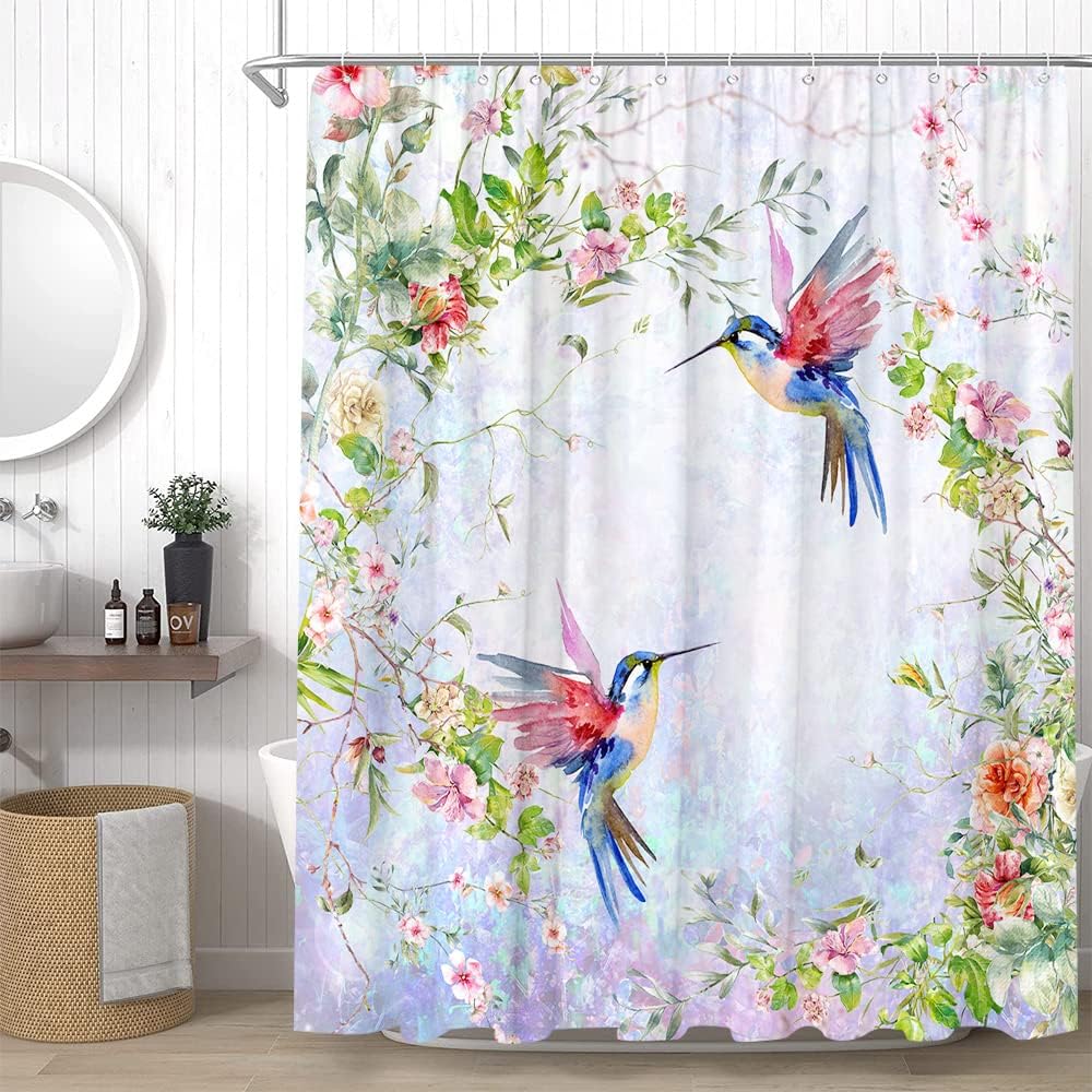 Hummingbird and Flower Shower Curtain for Botanic Bathroom Decor