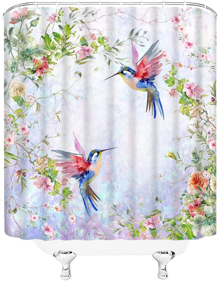 Hummingbird and Flower Shower Curtain for Botanic Bathroom Decor
