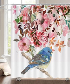 Hummingbird and Flowers Landscape Fabric Shower Curtain with Birds Lover View
