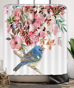 Hummingbird and Flowers Landscape Fabric Shower Curtain with Birds Lover View