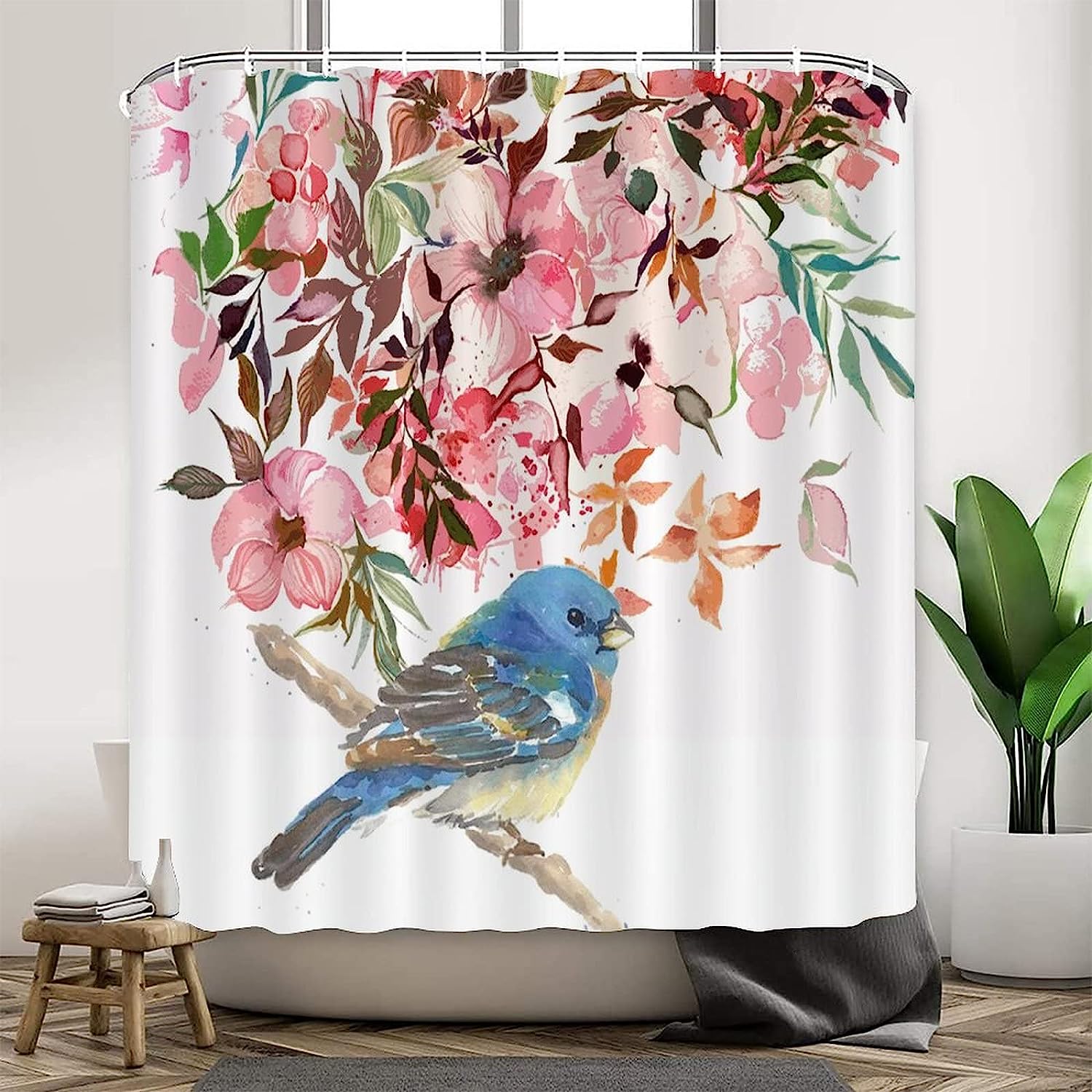 Hummingbird and Flowers Landscape Fabric Shower Curtain with Birds Lover View