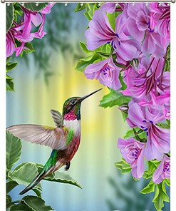 Hummingbird and Flowers Printed Fabric Shower Curtain for Bathroom Decor