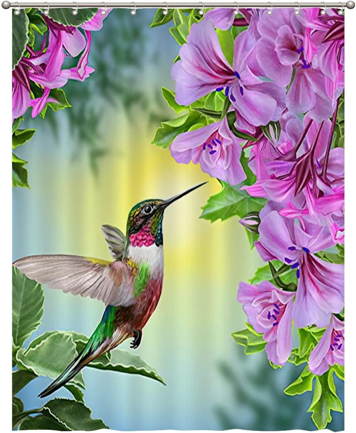 Hummingbird and Flowers Printed Fabric Shower Curtain for Bathroom Decor