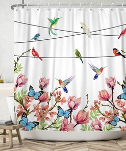 Hummingbirds Floral Butterfly Shower Curtain with Cute Spring Bird and Flower Design 