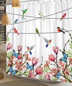 Hummingbirds Floral Butterfly Shower Curtain with Cute Spring Bird and Flower Design