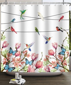 Hummingbirds Floral Butterfly Shower Curtain with Cute Spring Bird and Flower Design 