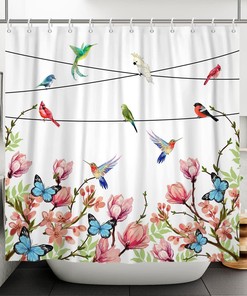 Hummingbirds Floral Butterfly Shower Curtain with Cute Spring Bird and Flower Design 