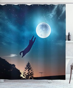 Humor Shower Curtain With Cat Catching Moon Stars Print For Bathroom