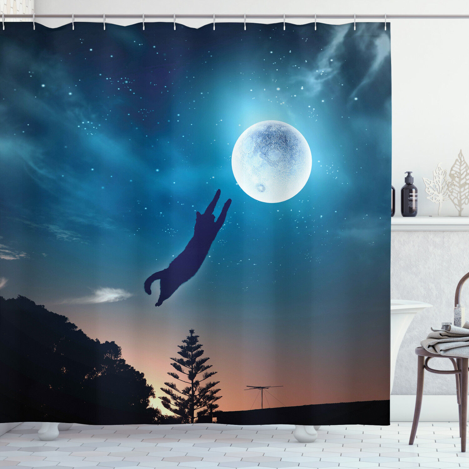 Humor Shower Curtain With Cat Catching Moon Stars Print For Bathroom