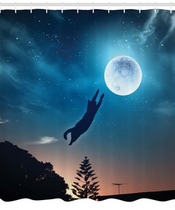 Humor Shower Curtain With Cat Catching Moon Stars Print For Bathroom
