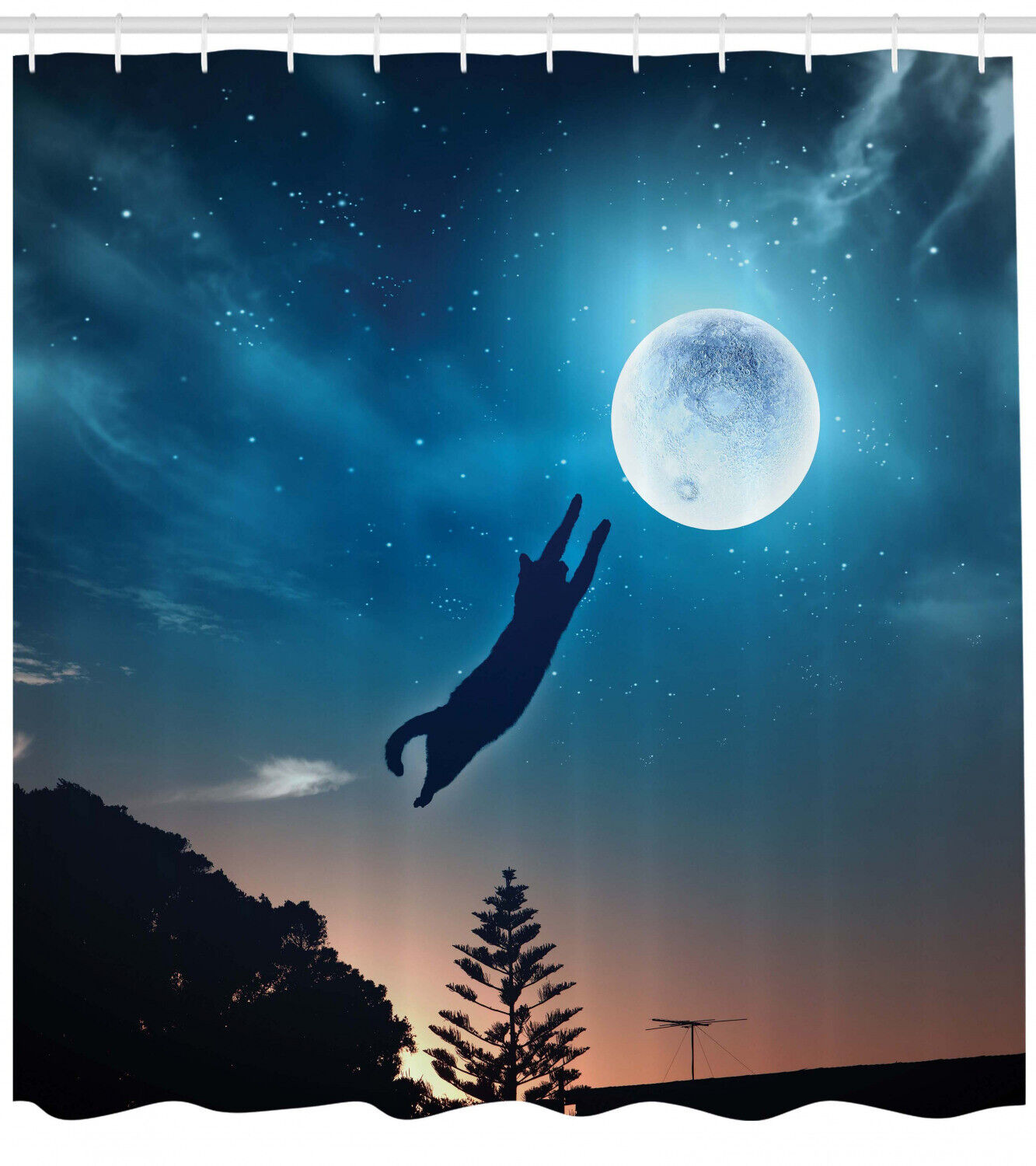 Humor Shower Curtain With Cat Catching Moon Stars Print For Bathroom