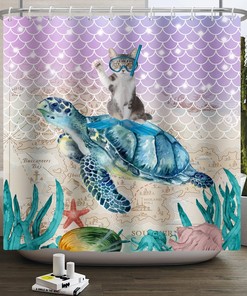Humorous Cat Sea Turtle Shower Curtain for Witty Bathroom Decor 