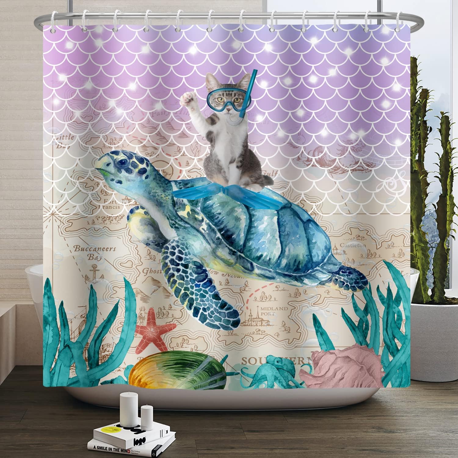 Humorous Cat Sea Turtle Shower Curtain for Witty Bathroom Decor