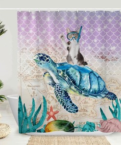 Humorous Cat Sea Turtle Shower Curtain for Witty Bathroom Decor