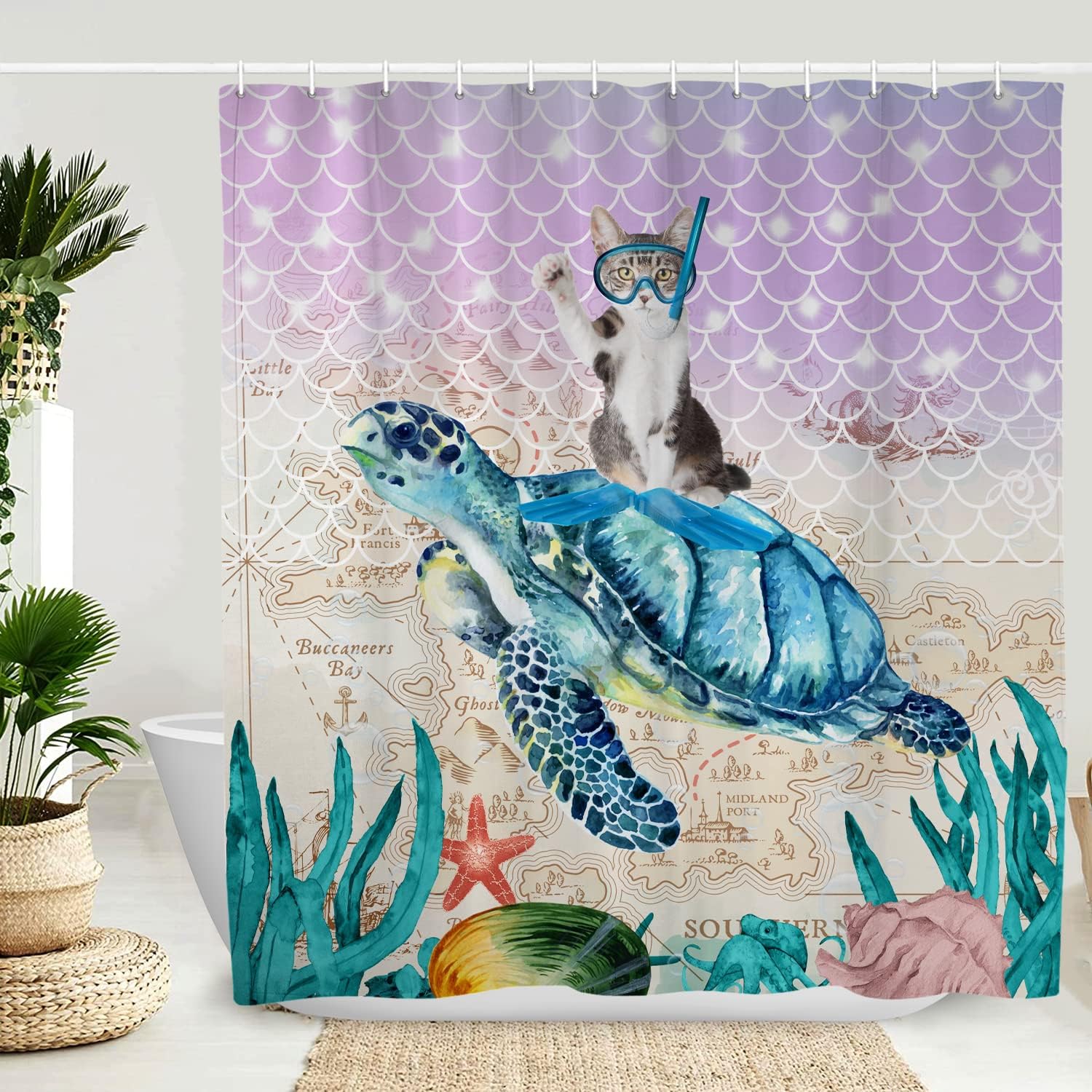 Humorous Cat Sea Turtle Shower Curtain for Witty Bathroom Decor