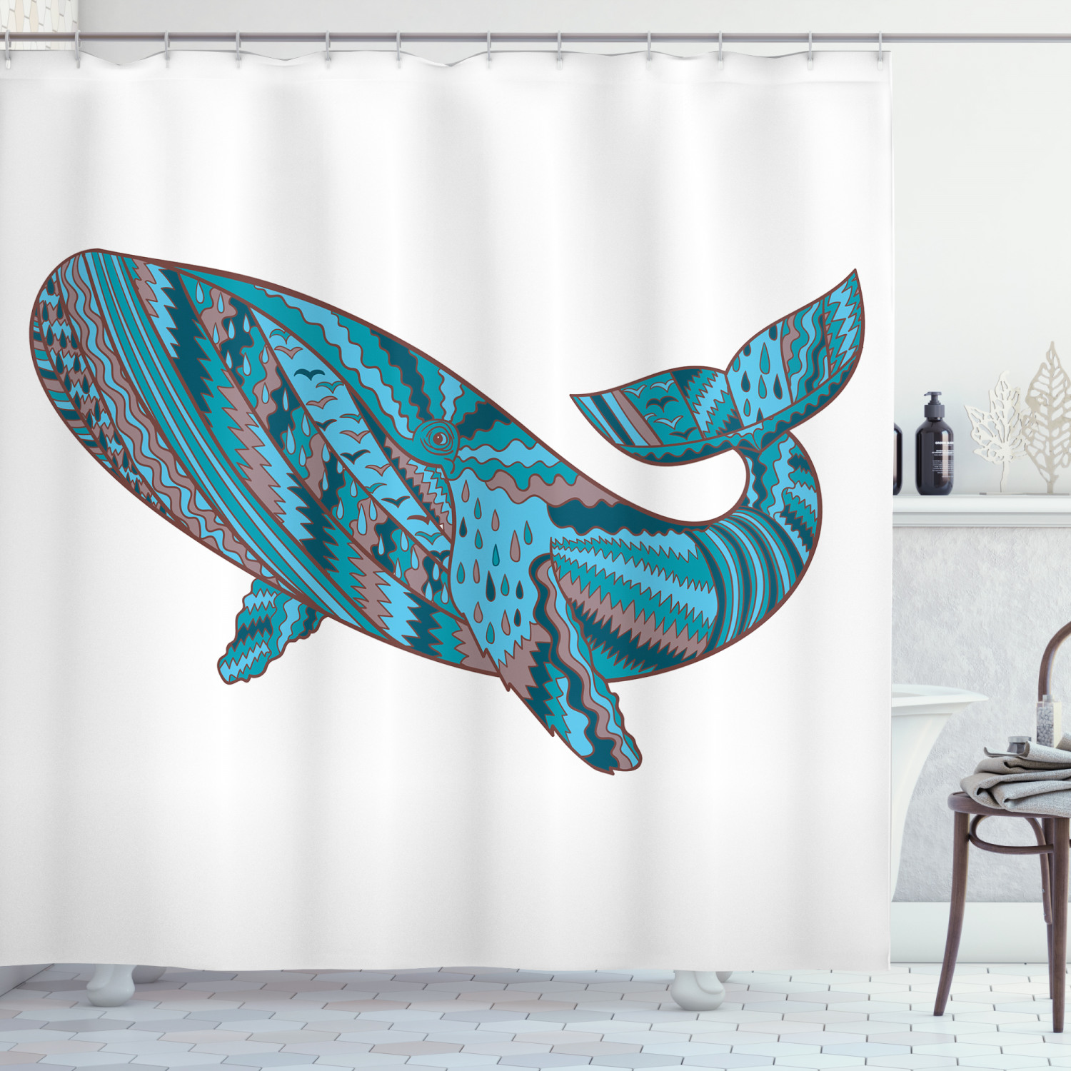 Humpback Whale & Sea Life Printed Shower Curtain for Your Bathroom