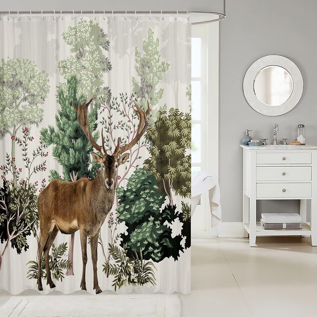Hunting Deer in Green Trees Print Shower Curtain for Kids Boys Teens Room Decoration