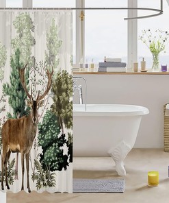 Hunting Deer in Green Trees Print Shower Curtain for Kids Boys Teens Room Decoration