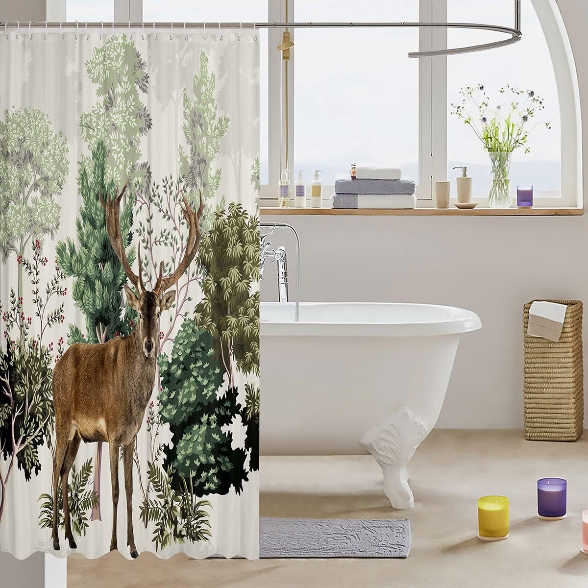 Hunting Deer in Green Trees Print Shower Curtain for Kids Boys Teens Room Decoration