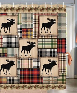 Hunting Lodge Shower Curtain Rustic Cabin Bear Deer Moose Country Farm Camper Bathroom