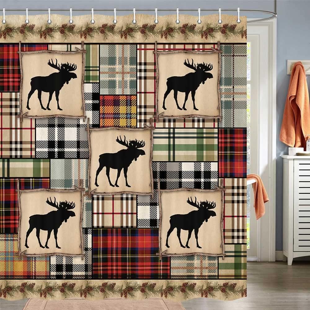 Hunting Lodge Shower Curtain Rustic Cabin Bear Deer Moose Country Farm Camper Bathroom