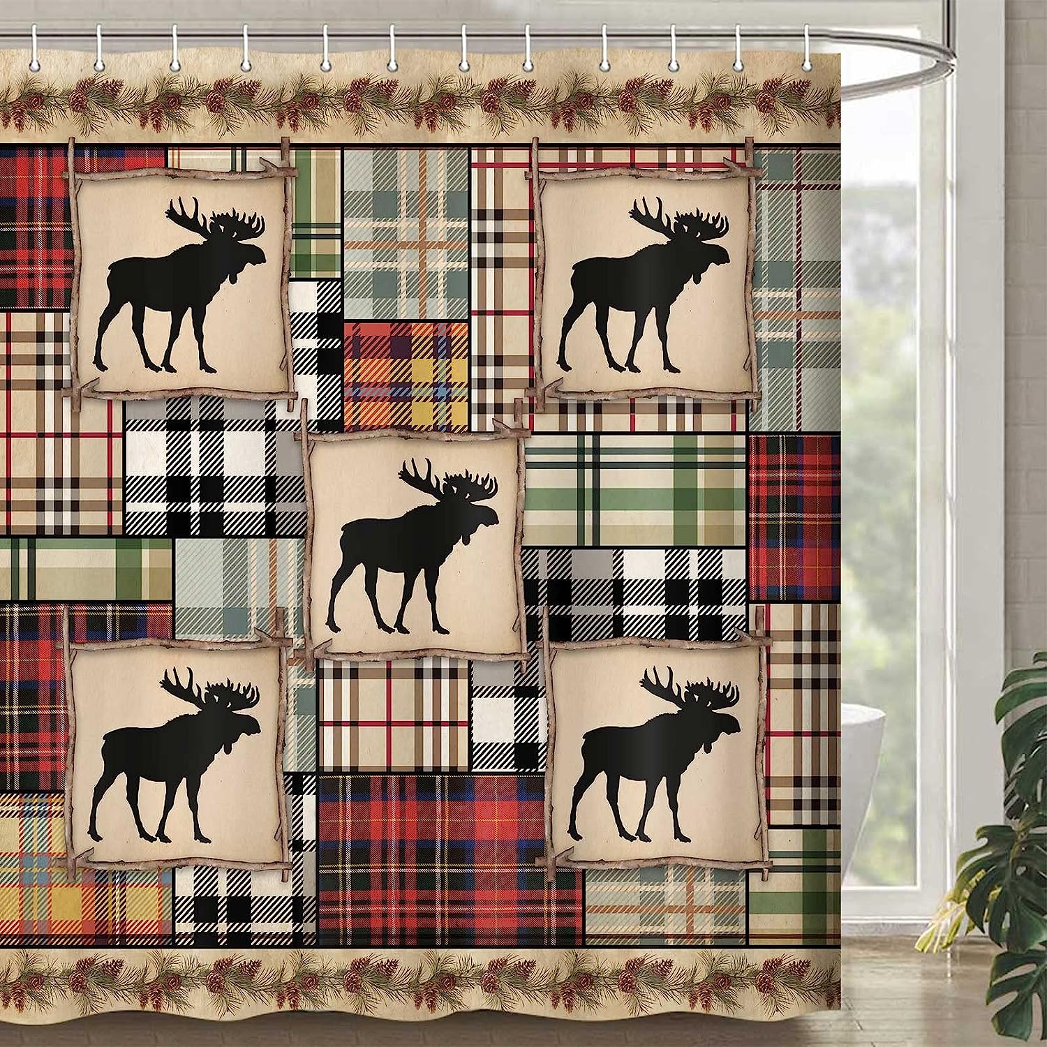 Hunting Lodge Shower Curtain Rustic Cabin Bear Deer Moose Country Farm Camper Bathroom