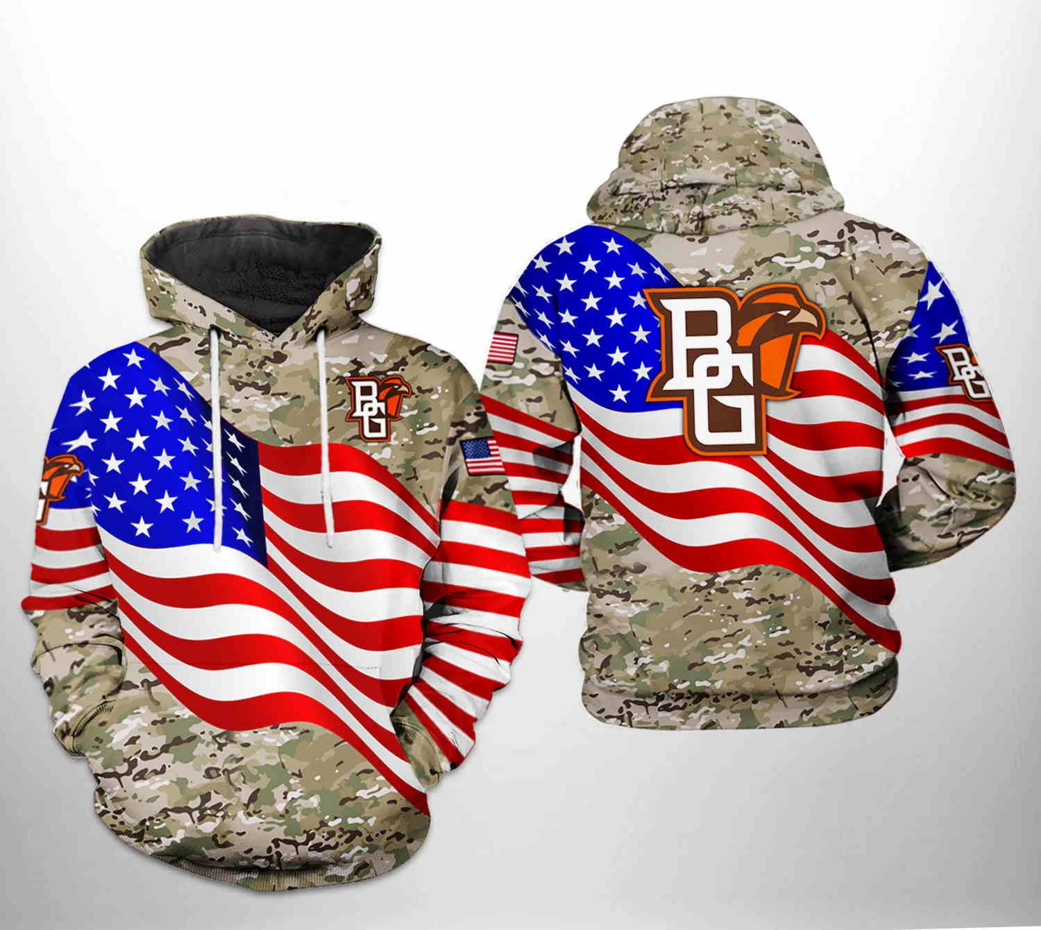 Hunting-Themed Bowling Green Falcons Ncaa Us Flag Camo Veteran 3D Hoodie