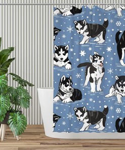 Husky Puppies and Snowflakes Shower Curtain for Winter Rustic Farmhouse Bathroom Decor Fabric