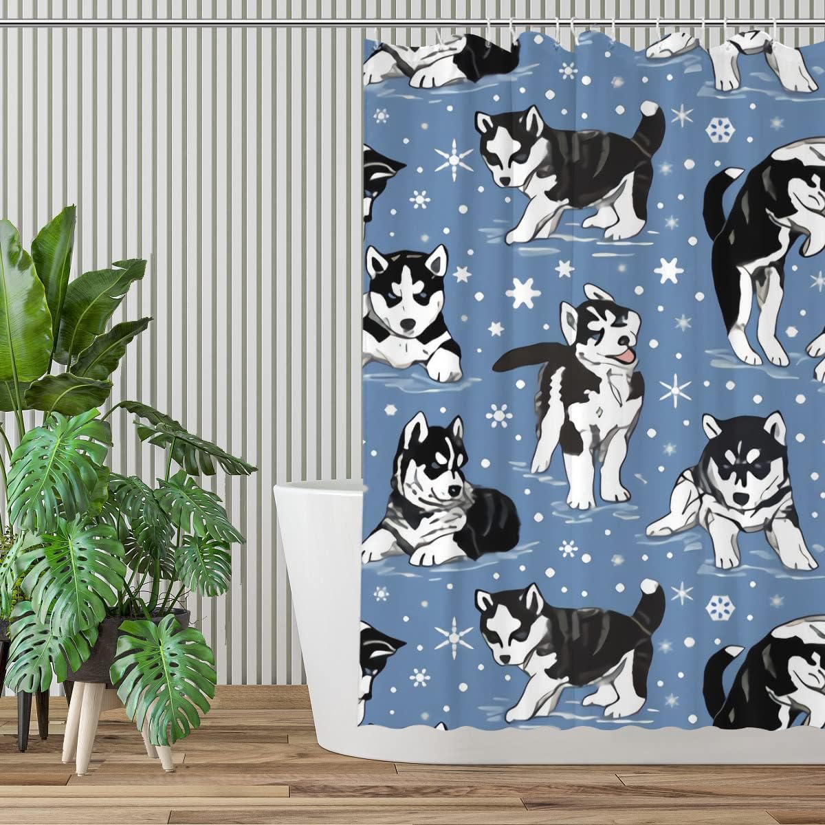 Husky Puppies and Snowflakes Shower Curtain for Winter Rustic Farmhouse Bathroom Decor Fabric