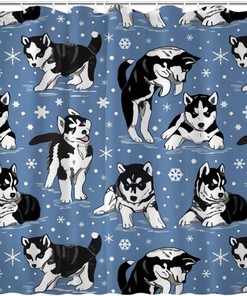 Husky Puppies and Snowflakes Shower Curtain for Winter Rustic Farmhouse Bathroom Decor Fabric
