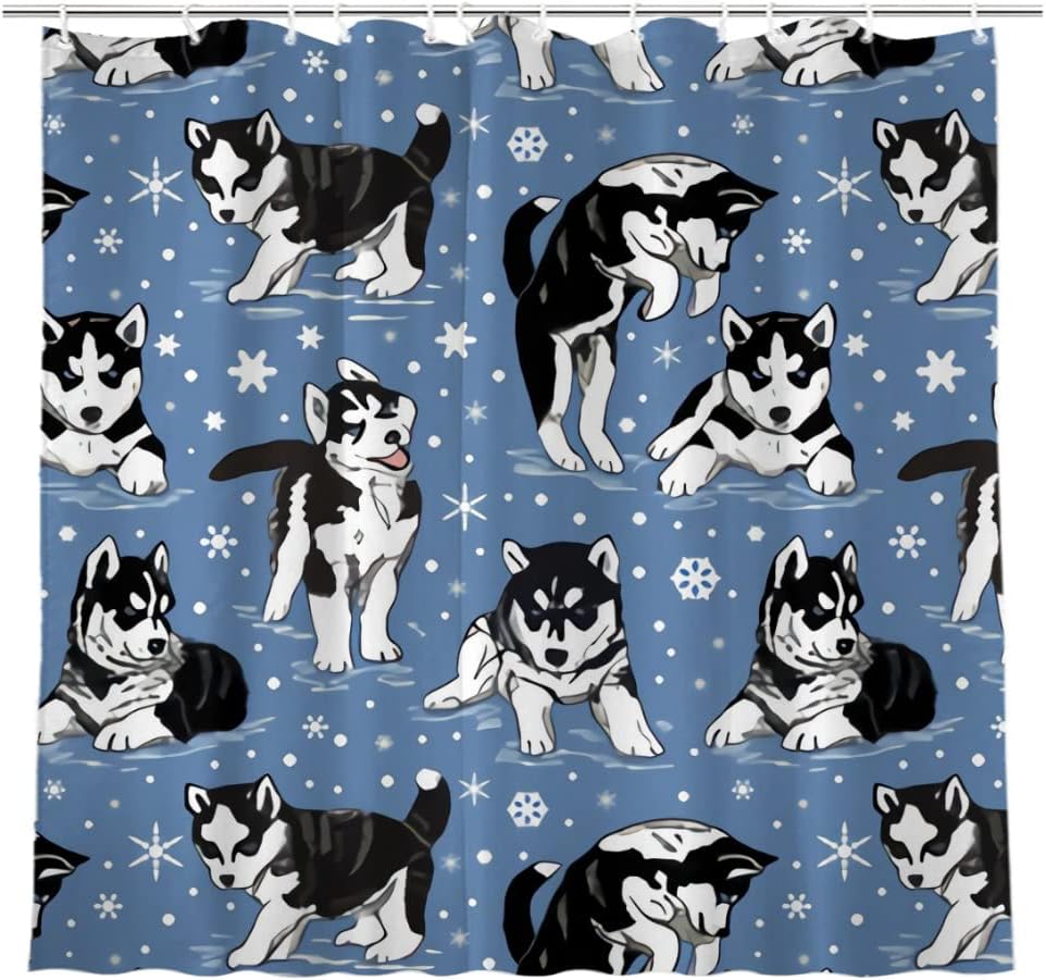 Husky Puppies and Snowflakes Shower Curtain for Winter Rustic Farmhouse Bathroom Decor Fabric