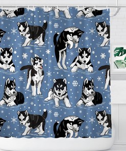 Husky Puppies and Snowflakes Shower Curtain for Winter Rustic Farmhouse Bathroom Decor Fabric