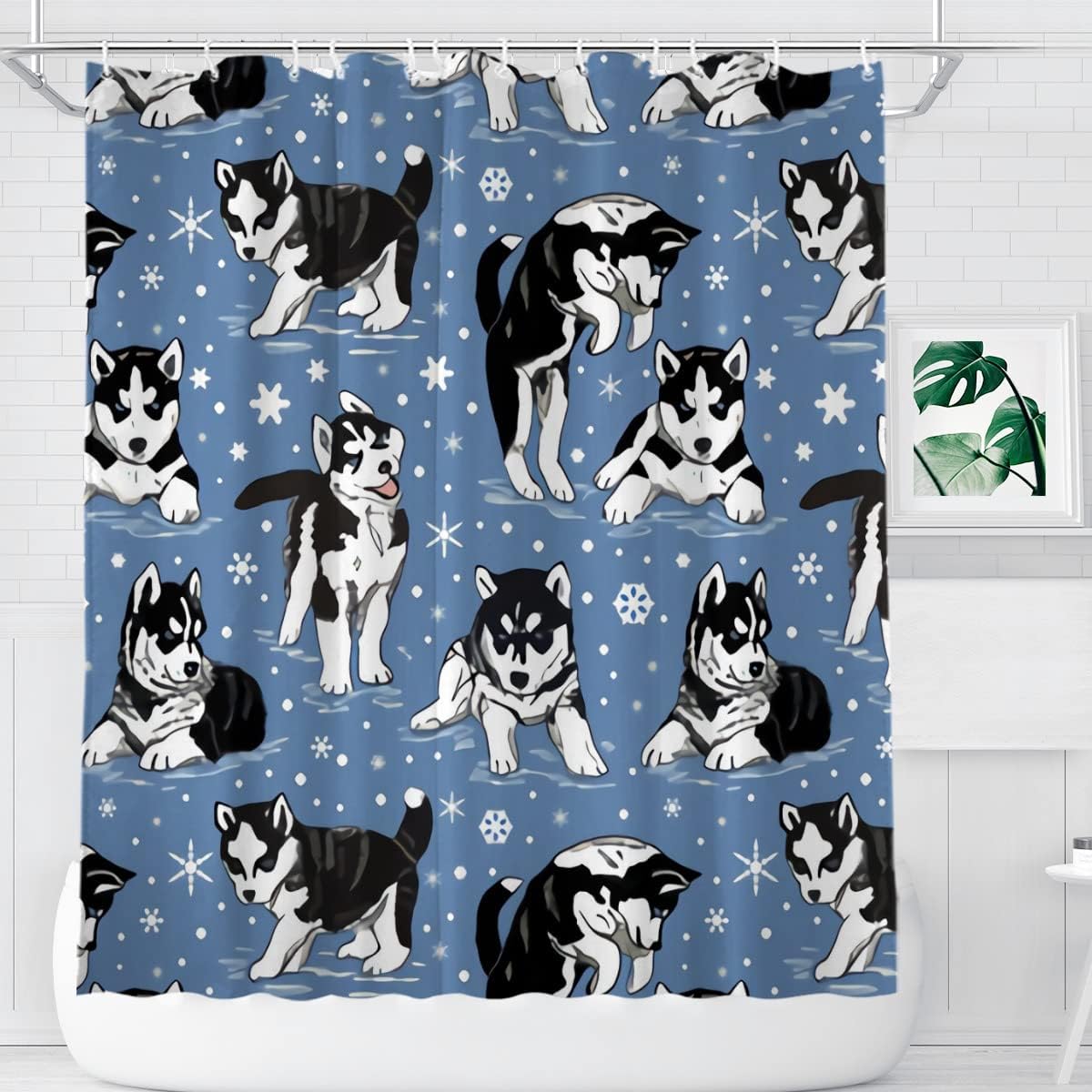 Husky Puppies and Snowflakes Shower Curtain for Winter Rustic Farmhouse Bathroom Decor Fabric